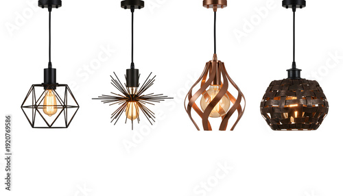 Set of four industrial vintage pendant ceiling lamps with edison bulbs isolated on transparent background
