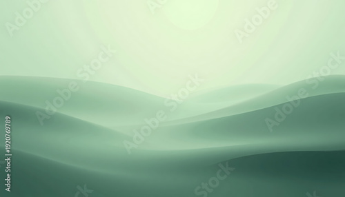 A dreamy, ethereal abstract background resembling rolling hills or sand dunes in a soft, misty sage green environment with bright overhead lighting.