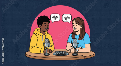 Two People Podcasting at a Table.