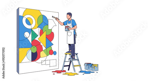 Artist Painting Colorful Abstract Artwork on Canvas.