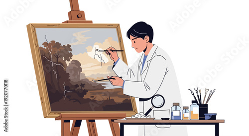 Artist Painting Landscape on Canvas Easel.