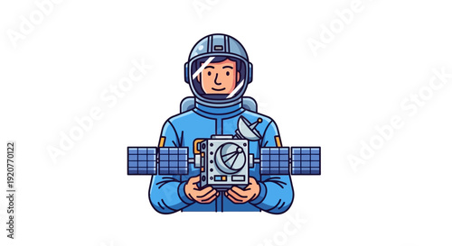 Astronaut Holding Satellite in Space Suit.