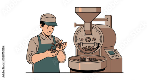 Barista Inspecting Coffee Beans Near Roaster Machine.