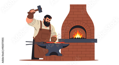 Blacksmith hammering metal at furnace.