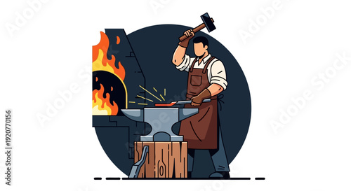 Blacksmith Hammering Hot Metal at Forge.