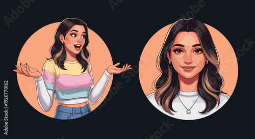 Illustration of Young Woman with Gestures and Portrait.