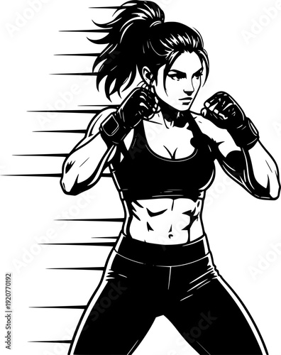 Dynamic female boxer striking pose black and white vector illustration. Transparent background EPS version.