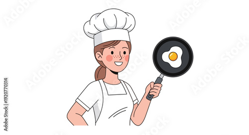 Cartoon Chef Holding Frying Pan with Egg.