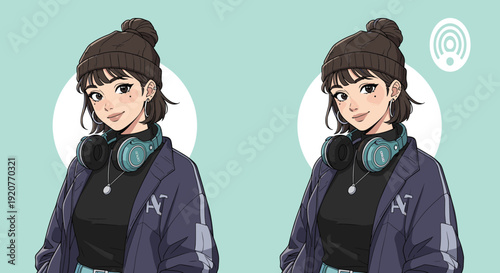 Young Woman Wearing Headphones and Jacket.