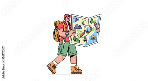 Cartoon Hiker with Backpack and Map Walking.