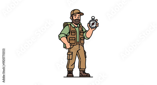 Cartoon Explorer Holding Compass and Map.