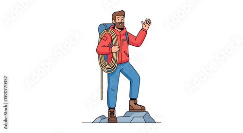 Cartoon Hiker with Backpack and Rope.