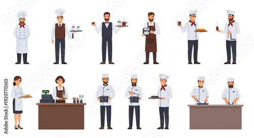 Cartoon chefs and restaurant staff illustrations.