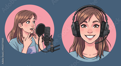 Female Podcaster Wearing Headphones Recording Audio.