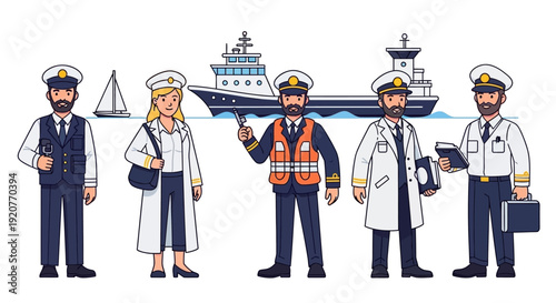 Cartoon Maritime Professionals Standing Together.