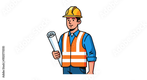 Construction Worker Wearing Safety Vest and Hard Hat.