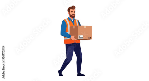 Delivery Man Carrying Box Walking Forward.