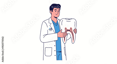 Dentist holding a large tooth model.