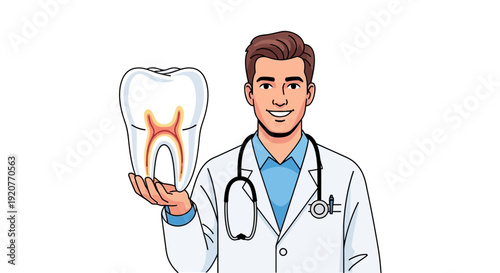Dentist Holding Tooth with Nerve Illustration.