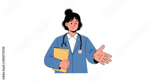 Female Doctor Holding Clipboard and Gesturing.