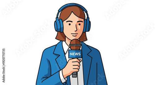 Female News Reporter Holding Microphone Wearing Headphones.