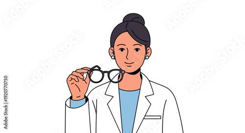 Female Scientist Wearing Lab Coat Holding Glasses.