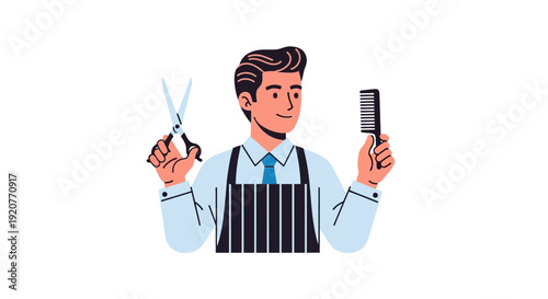 Male Barber Holding Scissors and Comb.