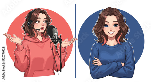 Cartoon Woman Illustration with Microphone and Gesture.