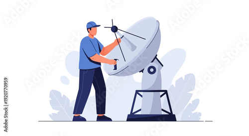 Man Adjusting Satellite Dish Antenna Equipment.