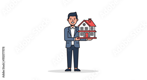 Man holding a model house illustration.