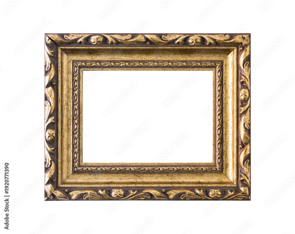 Fototapeta premium Vintage Golden Wooden Frame with Carved Patterns Isolated on Transparent Background