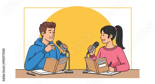 Male and Female Podcast Hosts Recording.
