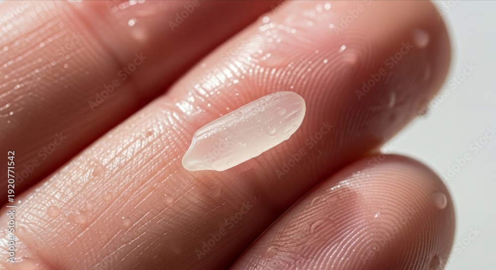 Fototapeta premium Close-Up of a Single Grain of Rice on a Moist Human Finger