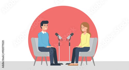 Male and Female Podcaster Interviewing Together.