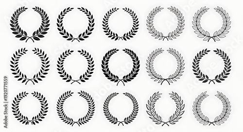 Set of 16 laurel wreath icons in black and white