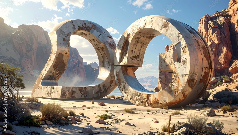 Fototapeta premium Monumental Infinity - Desert Landscape with Symbolic Stone Structures.