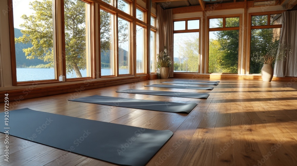 Fototapeta premium Several yoga mats are placed on a wooden floor in a room with large windows. Sunlight shines through the windows showing a lake and trees outside. The scene is bright and inviting.