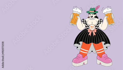 Flat vector illustration of cheerful beer festival waitress holding two large mugs of draft beer on purple background.
