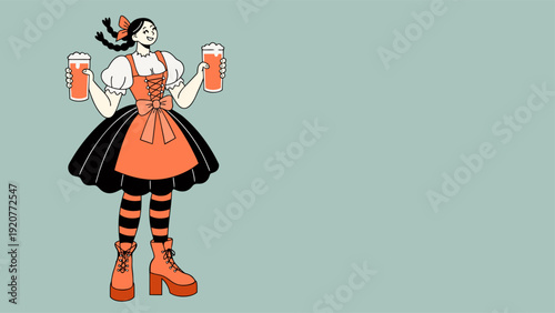 Flat vector illustration of smiling Oktoberfest waitress in traditional dirndl holding two glasses of beer. Festive Bavarian character isolated on pastel background.