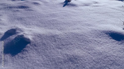 Aerial perspective slowly moving over a field of fresh, untouched snow, with its glittering surface creating beautiful textures and long, dark shadows from the low winter sun