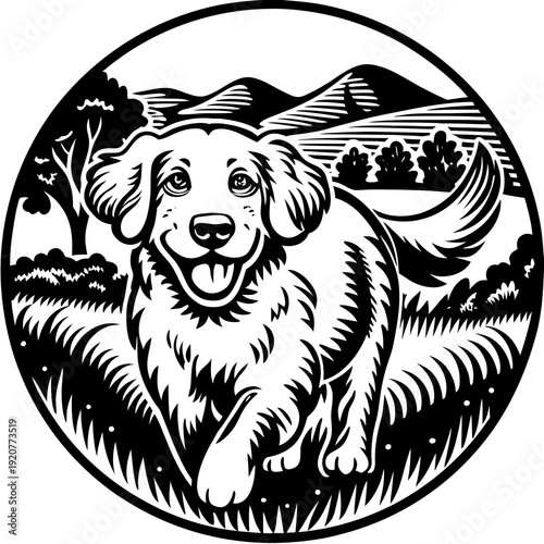 Golden retriever walks happily through a grassy field with mountains in the background during a sunny day in nature Generative AI