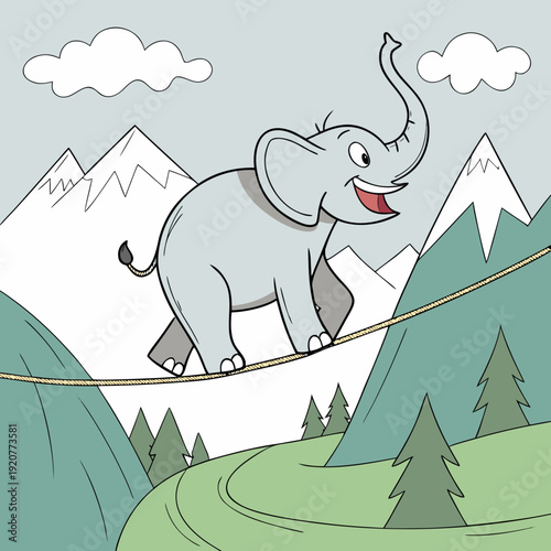 Elephant performs on tightrope above green hills and mountains during a sunny day with clouds in the sky Generative AI