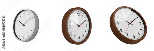 Set and collection of modern round wall clocks with wooden and silver frames in various perspective angles for home and office interior isolated on white transparent PNG background