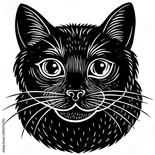 Black cat face with detailed lines showing fur, eyes, and whiskers in a clear design suitable for various uses Generative AI