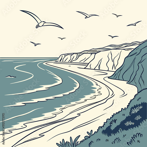 Coastline with cliffs and birds flying over the ocean at a calm beach during daytime Generative AI