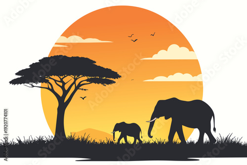 Elephants walking in the wild savanna at sunset with orange sky and tree silhouettes