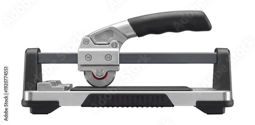 Handheld tile cutter with a replaceable scoring wheel and non-slip rubber feet.