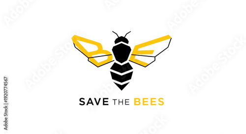 Stylized bee icon with save the bees text for environmental conservation awareness