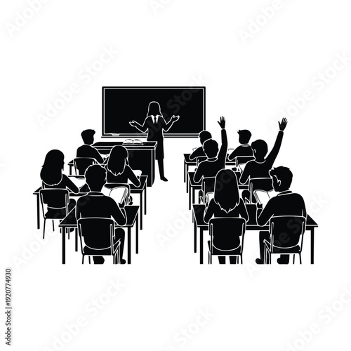 A black and white illustration depicts a teacher lecturing to students