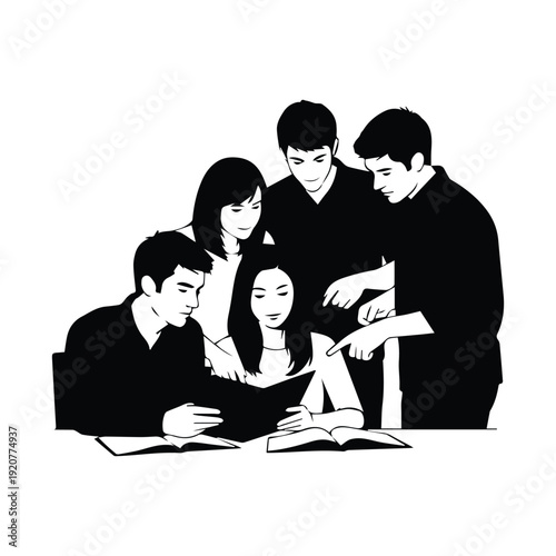 A group of people collaboratively studying with books and pointing at content